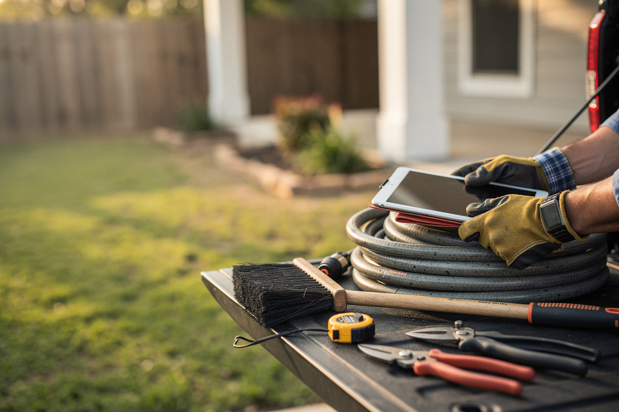 Legacy Home & Land Services LLC crew providing exterior cleaning and property cleanup in Hutto, Texas